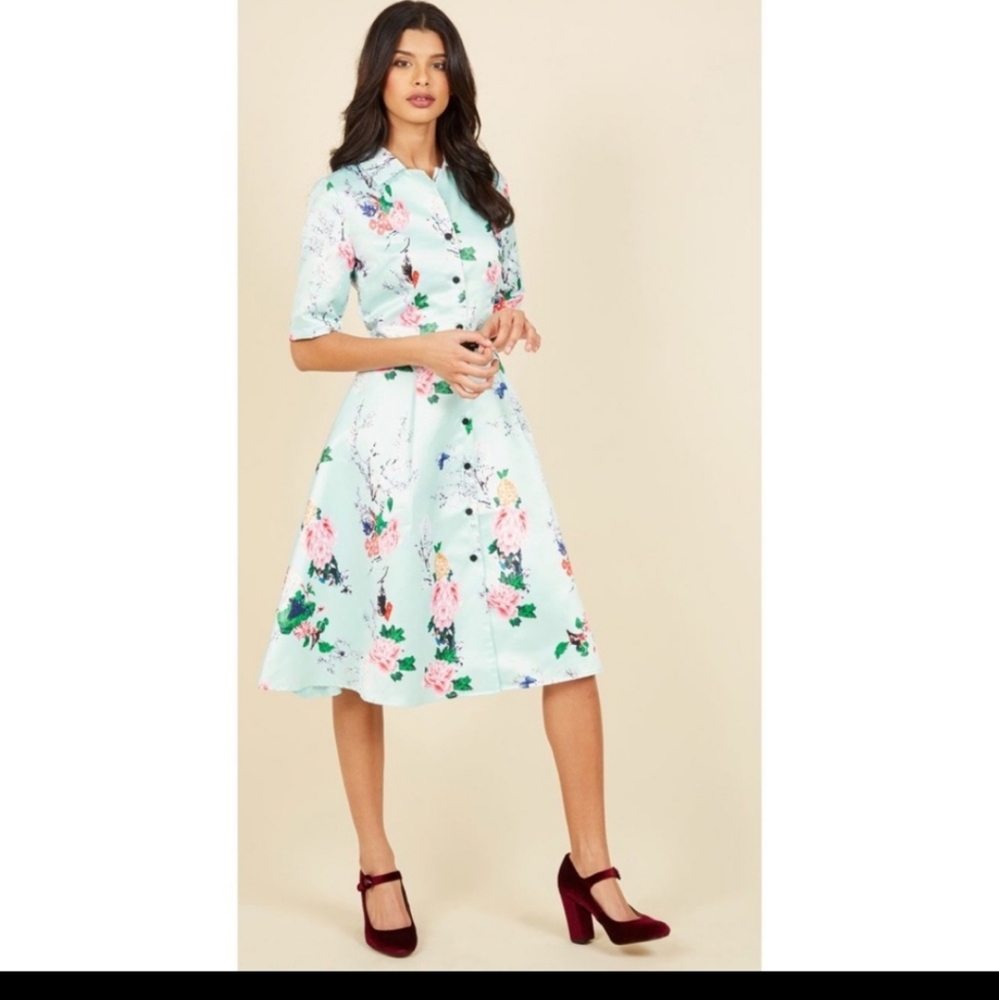 Modcloth Mint Floral Fit-and-Flare Dress